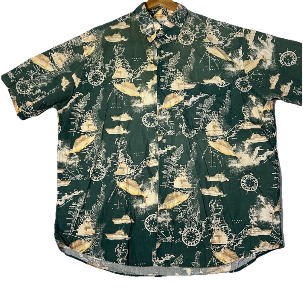 Green Casual Button Down Shirt with Tropical Pattern